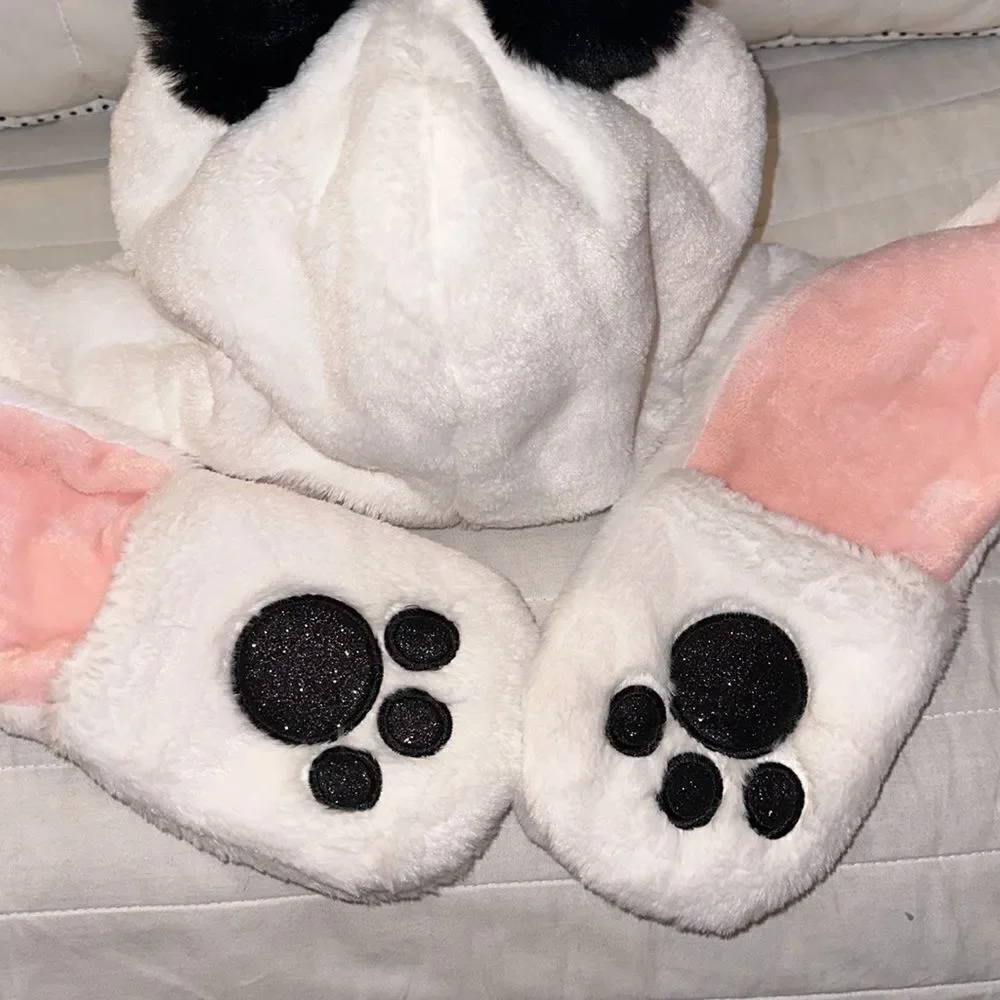White Black Pink Little Girl Panda Hat with Hand Warmer Pockets